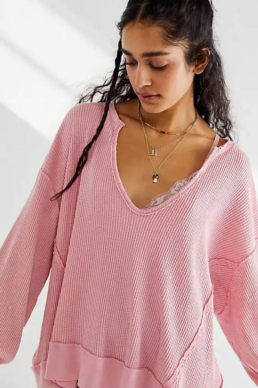 Free People We The Free Buttercup Oversized Cotton Blend Distressed Hem Thermal